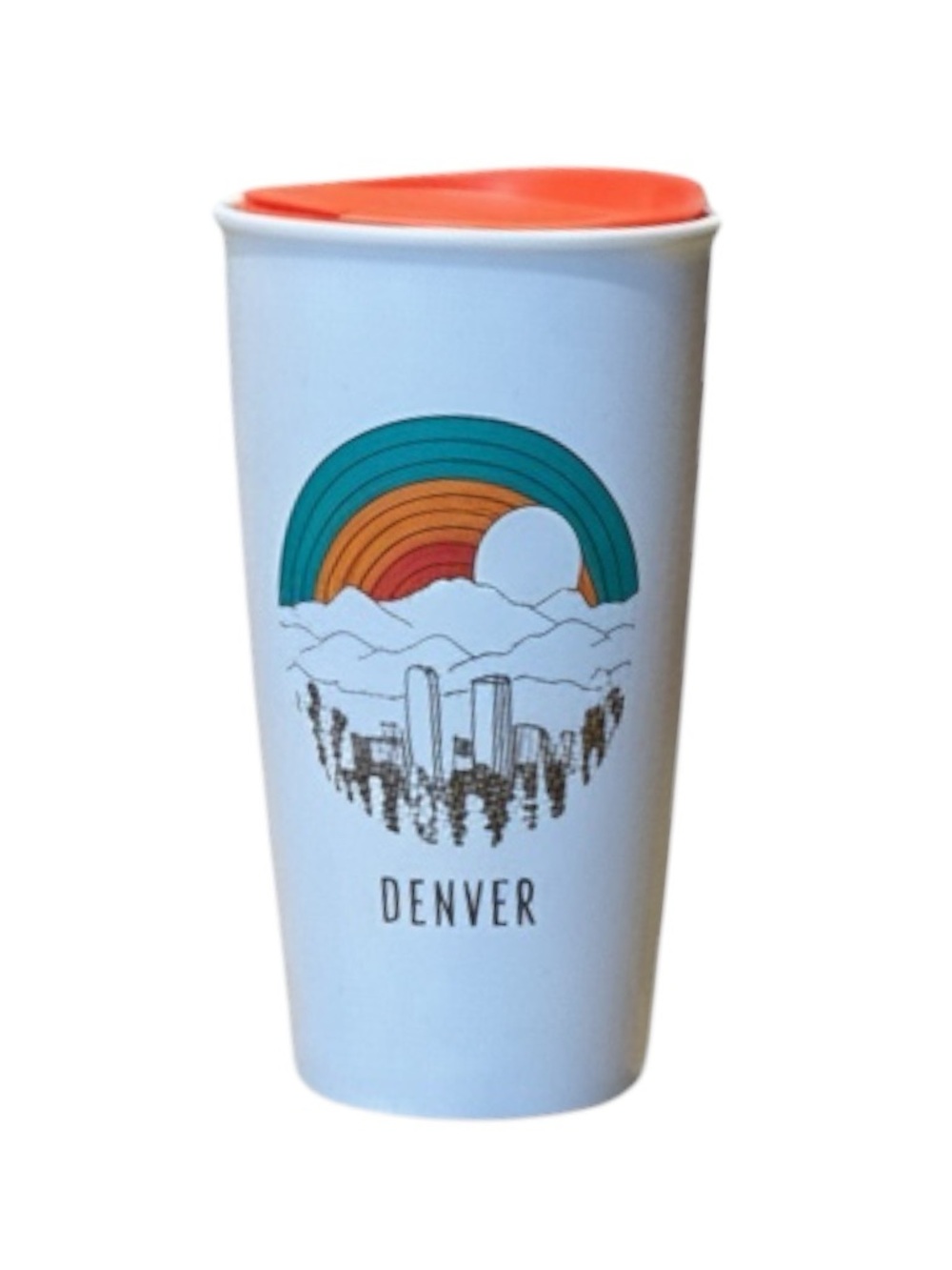 Starbucks Denver travel tumbler featuring a colorful rainbow over the Denver sk